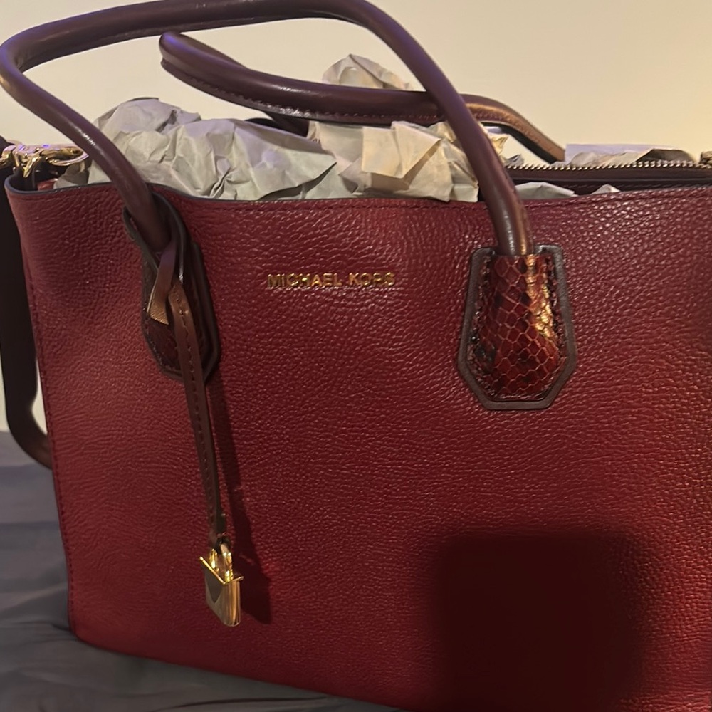 Michael Kors Burgundy Leather Tote Bag snake skin $350